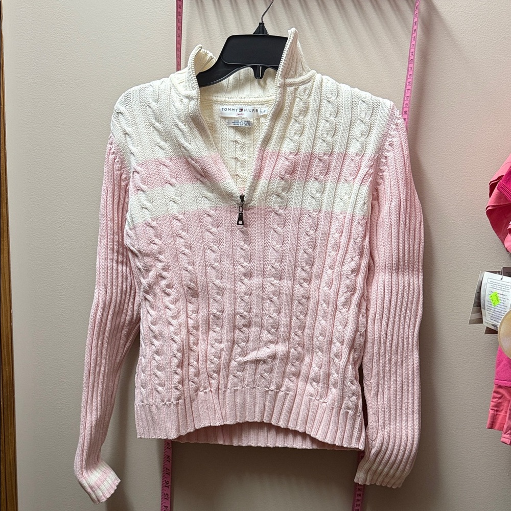 Vintage Pink and White Cable Knit Sweater